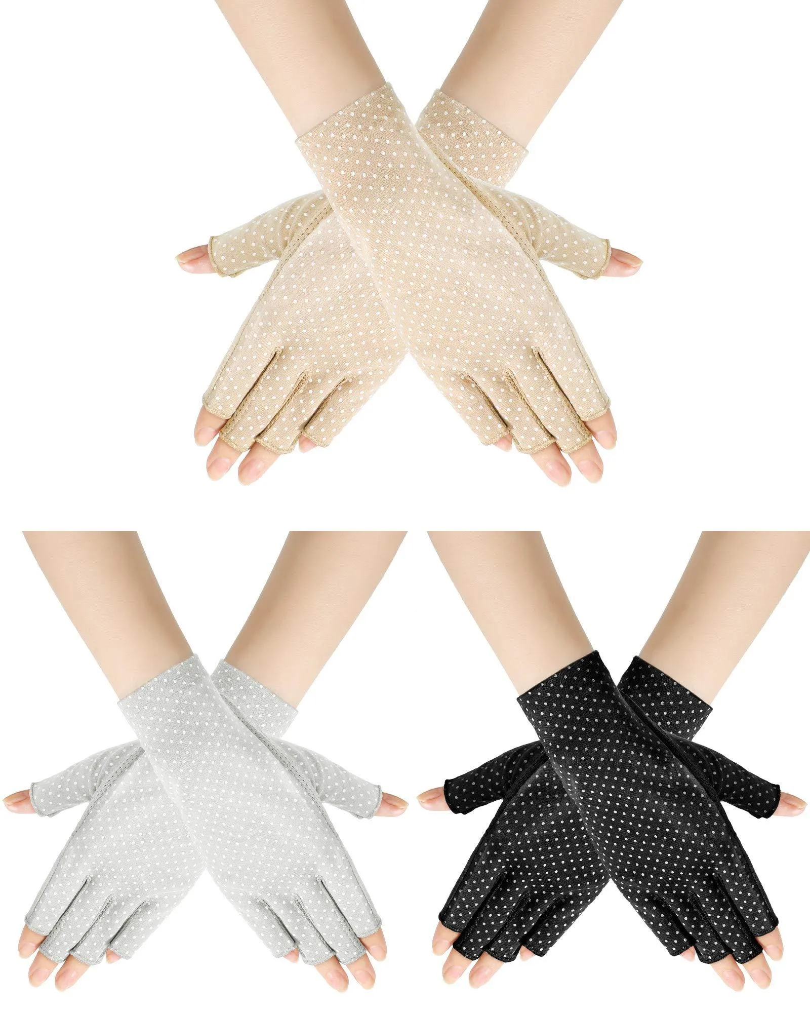 3 Pairs Sunblock Fingerless Gloves Non-slip UV Protection Driving Gloves Summer Outdoor Gloves for Women Girls Black, Light Beige, Light Gray