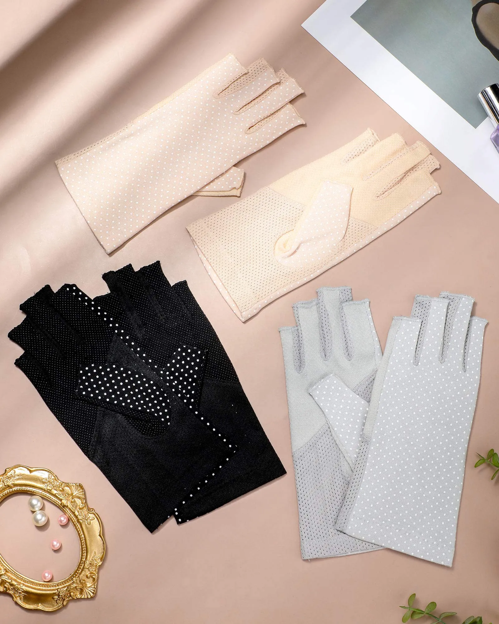 3 Pairs Sunblock Fingerless Gloves Non-slip UV Protection Driving Gloves Summer Outdoor Gloves for Women Girls Black, Light Beige, Light Gray