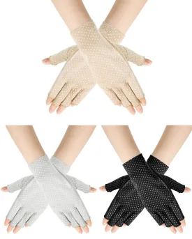 3 Pairs Sunblock Fingerless Gloves Non-slip UV Protection Driving Gloves Summer Outdoor Gloves for Women Girls Black, Light Beige, Light Gray