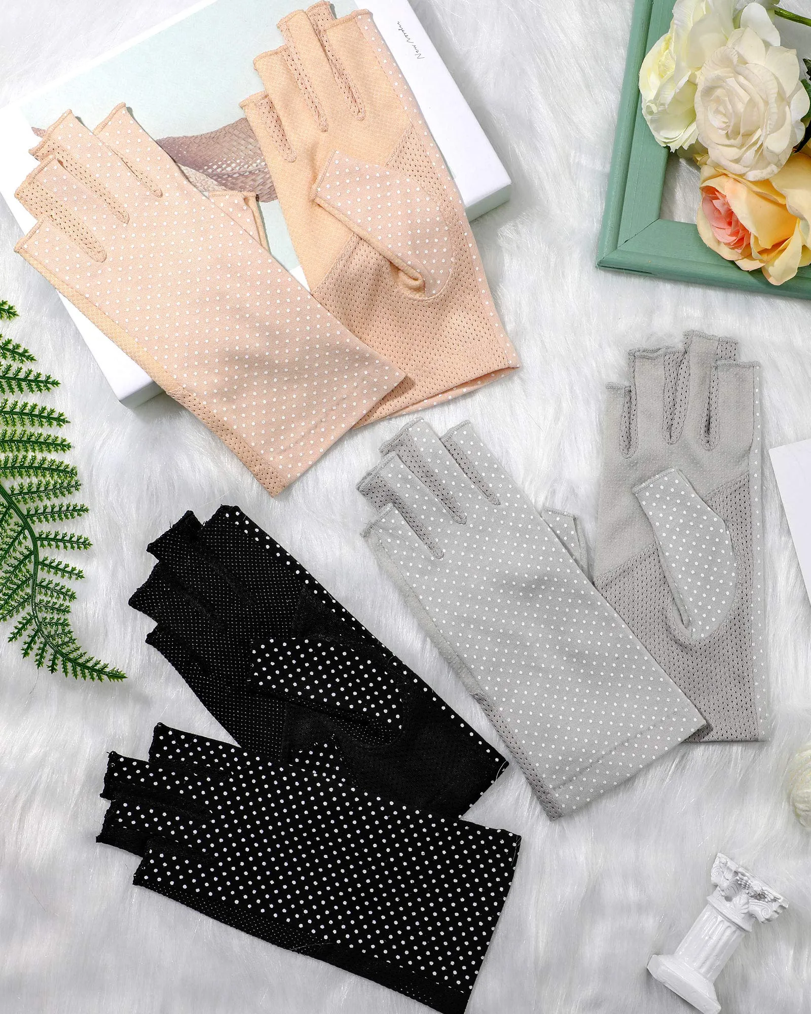 3 Pairs Sunblock Fingerless Gloves Non-slip UV Protection Driving Gloves Summer Outdoor Gloves for Women Girls Black, Light Beige, Light Gray