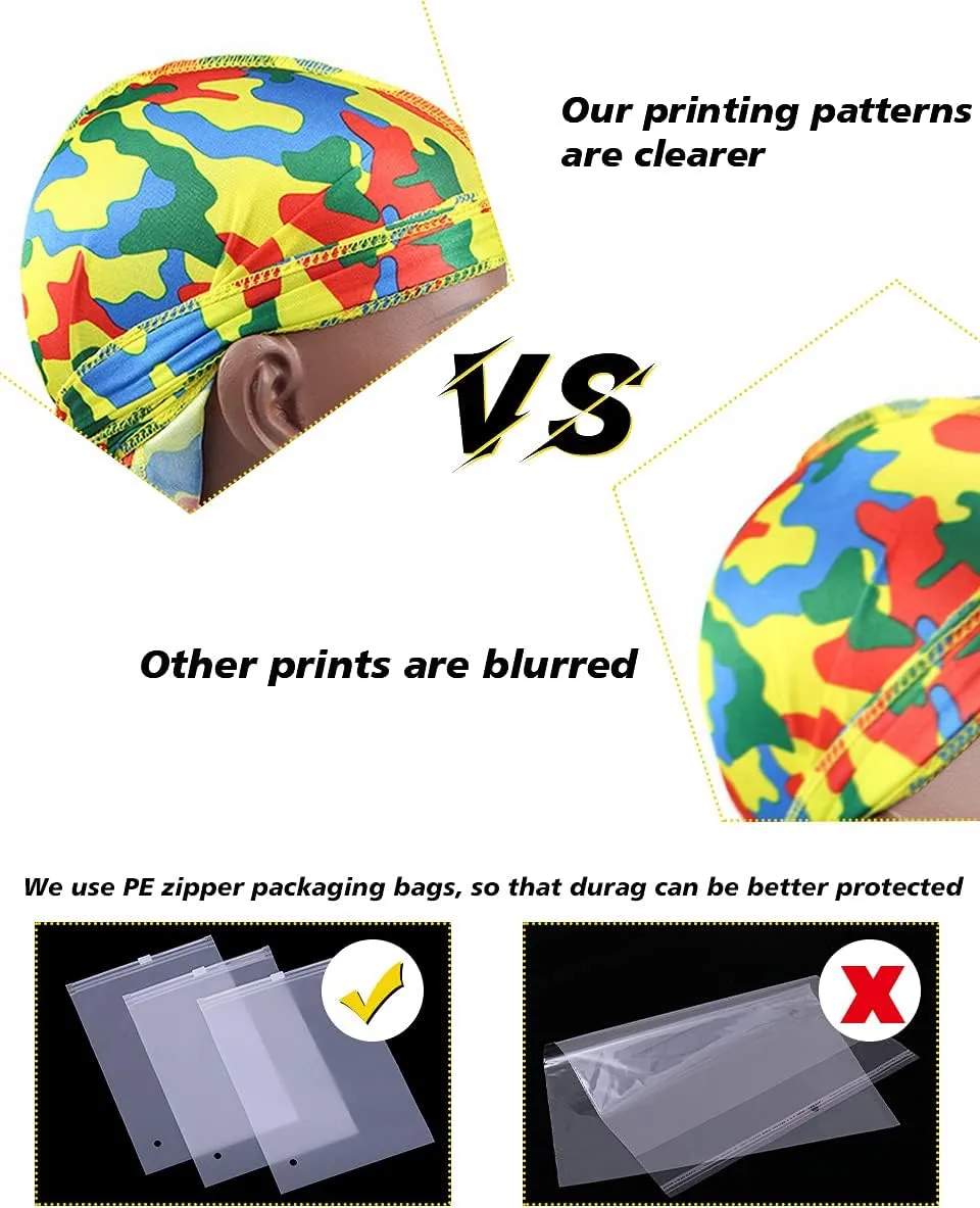 ALIDIA 4 Pieces Extra Long Tail Wide Straps Silky Camouflage Durag for Men 360 Waves