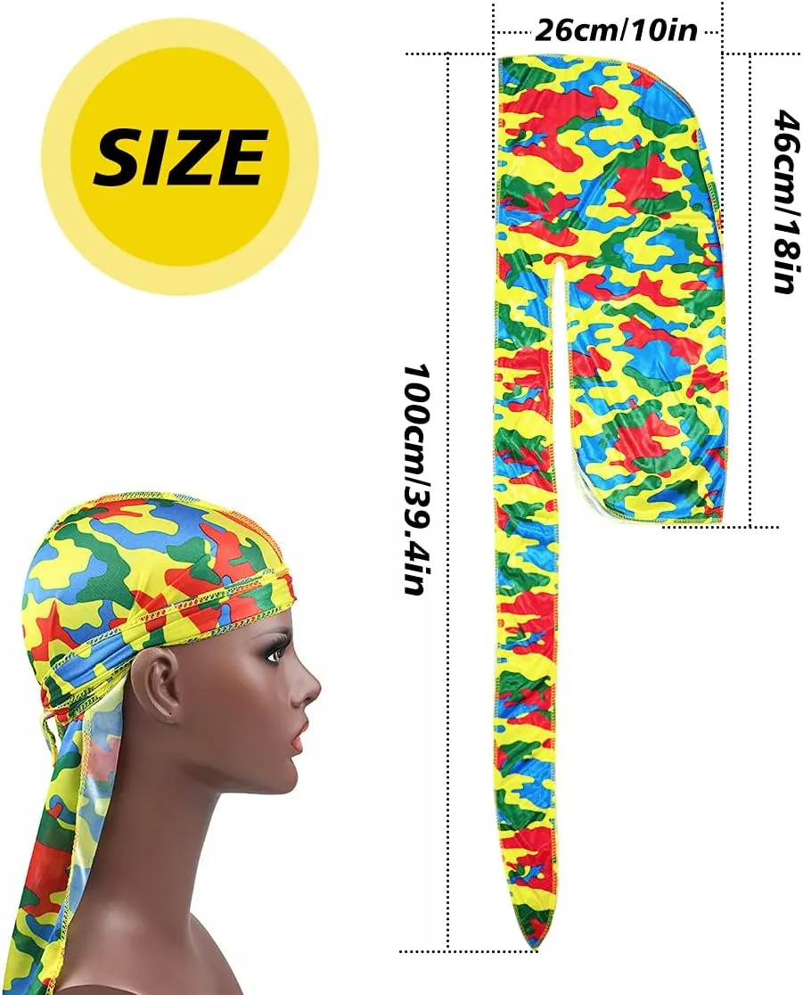 ALIDIA 4 Pieces Extra Long Tail Wide Straps Silky Camouflage Durag for Men 360 Waves