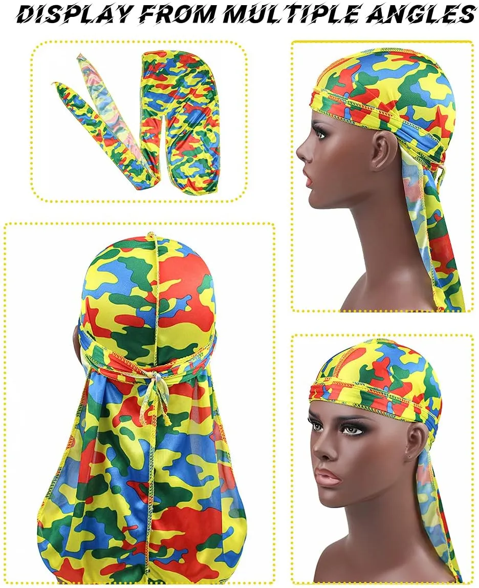 ALIDIA 4 Pieces Extra Long Tail Wide Straps Silky Camouflage Durag for Men 360 Waves
