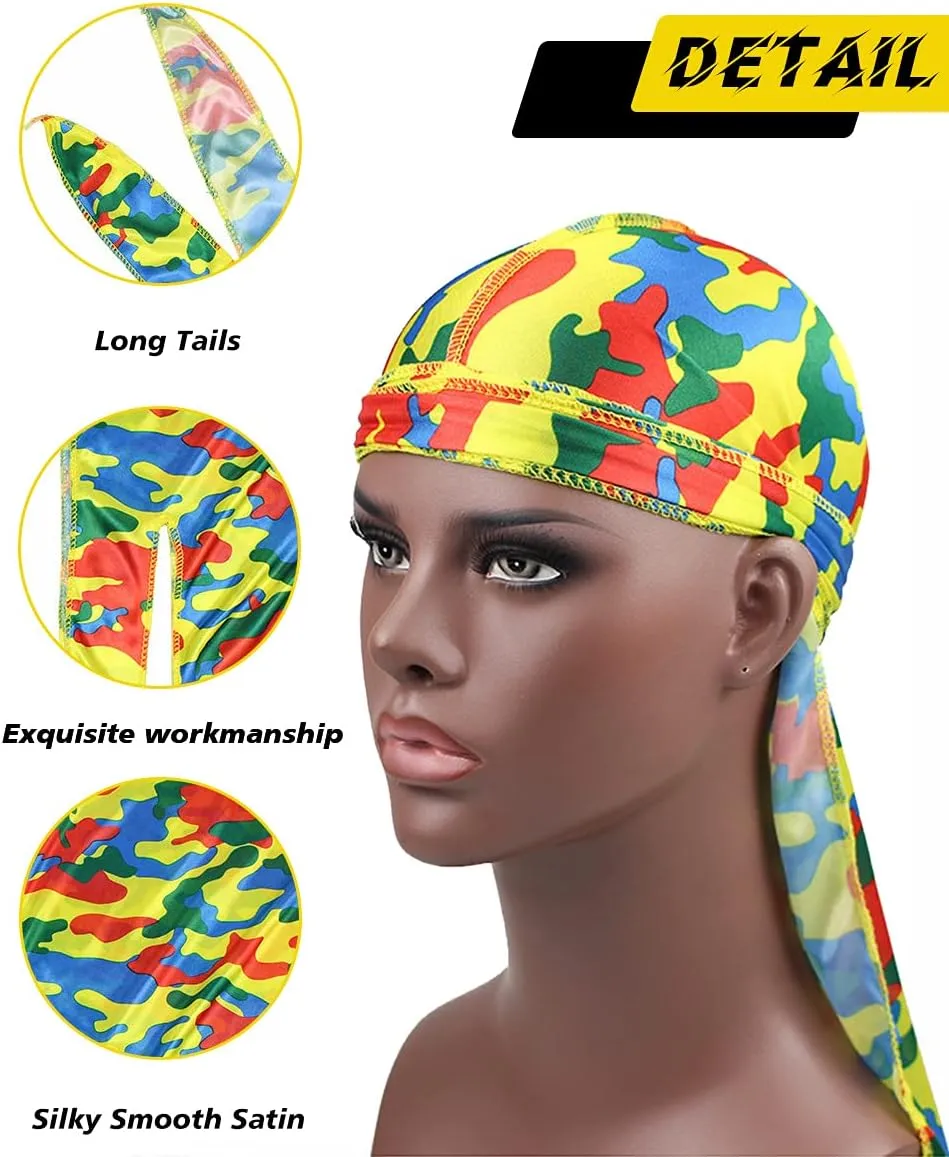 ALIDIA 4 Pieces Extra Long Tail Wide Straps Silky Camouflage Durag for Men 360 Waves
