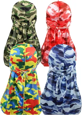 ALIDIA 4 Pieces Extra Long Tail Wide Straps Silky Camouflage Durag for Men 360 Waves