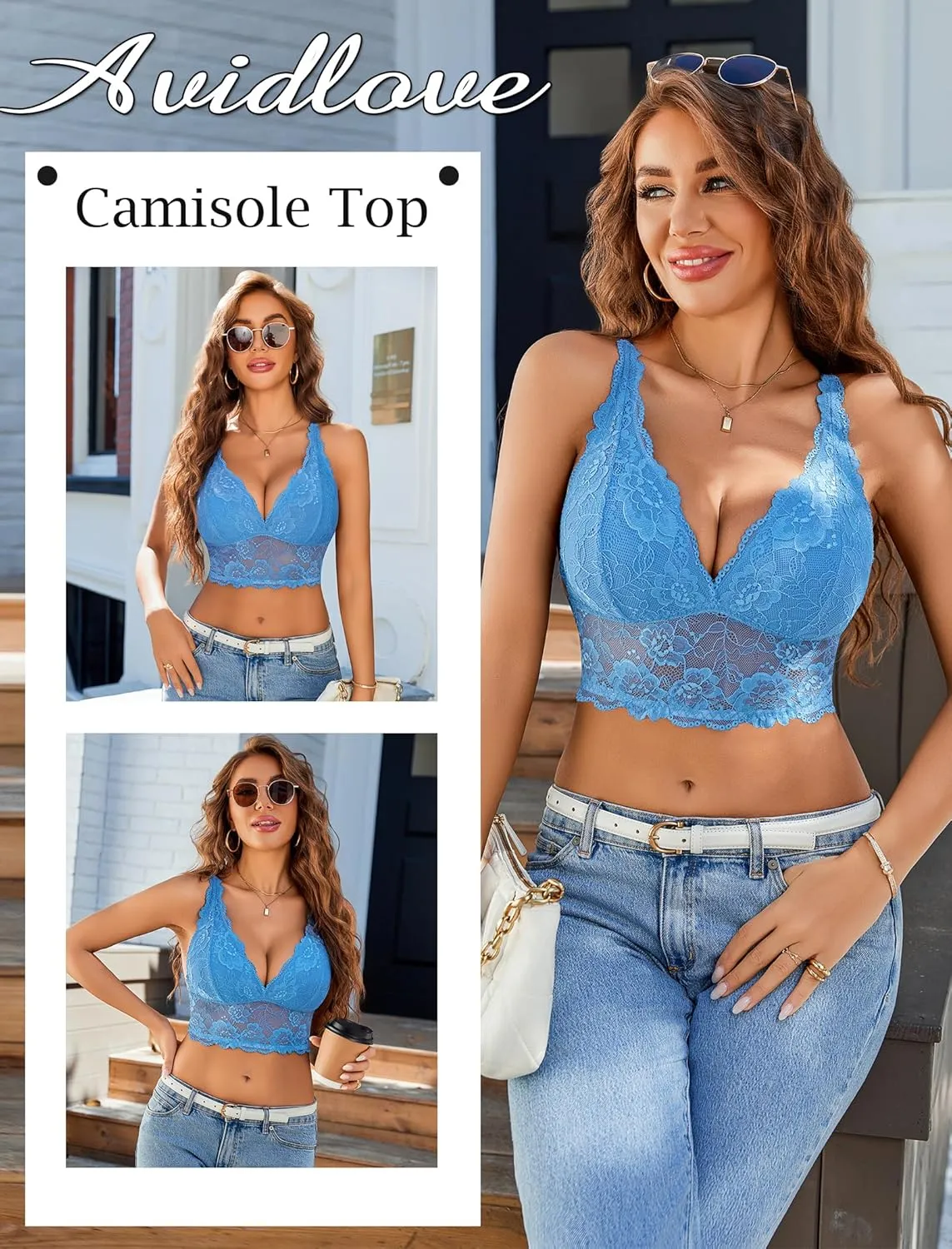 Avidlove Bralettes for Women Lace Wireless Bra V Neck Racerback Crop Top Adjustable Lingerie
