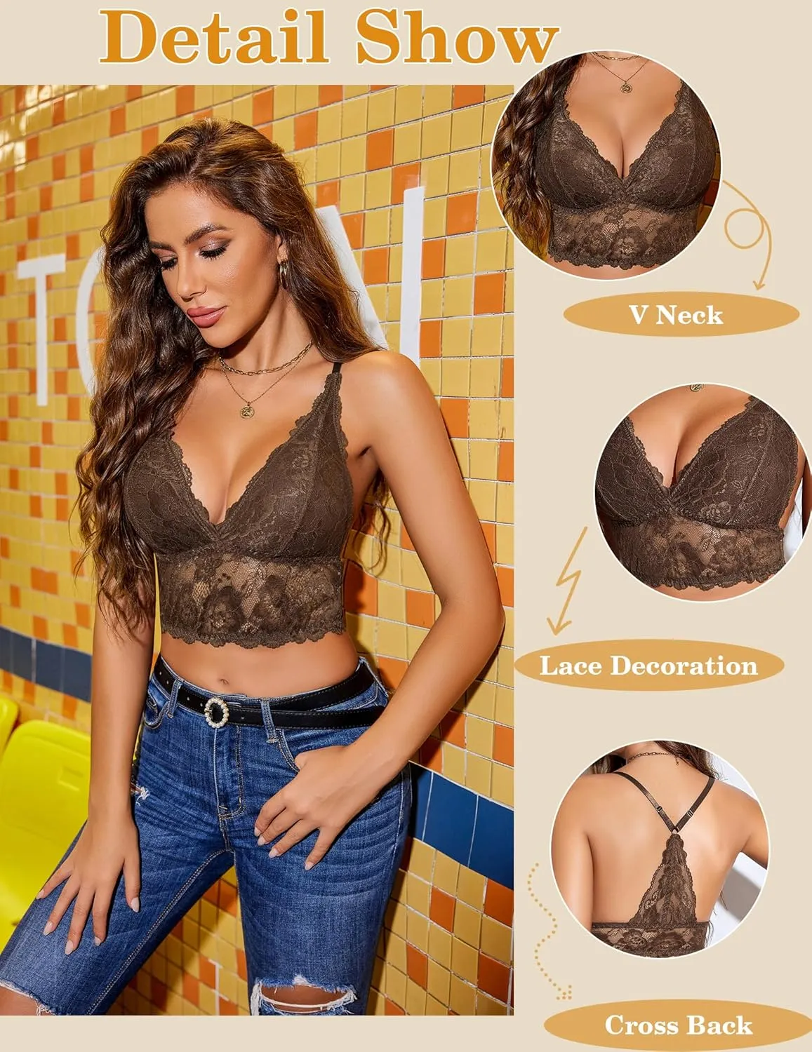 Avidlove Bralettes for Women Lace Wireless Bra V Neck Racerback Crop Top Adjustable Lingerie