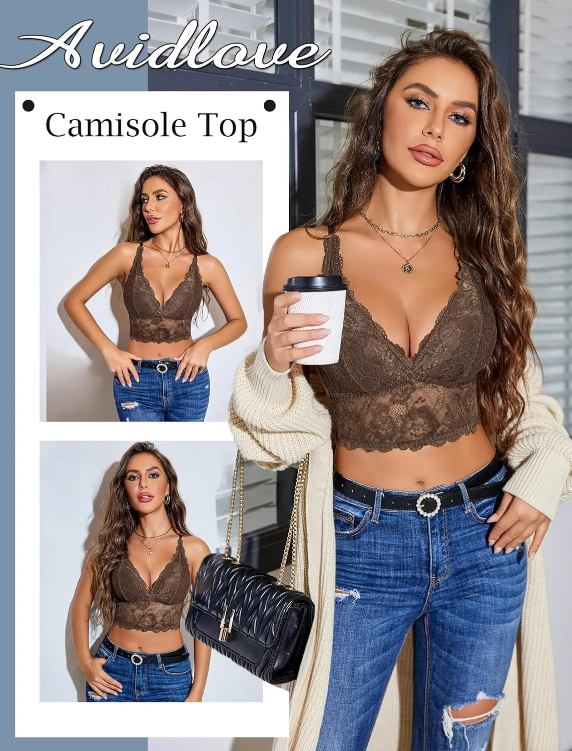 Avidlove Bralettes for Women Lace Wireless Bra V Neck Racerback Crop Top Adjustable Lingerie