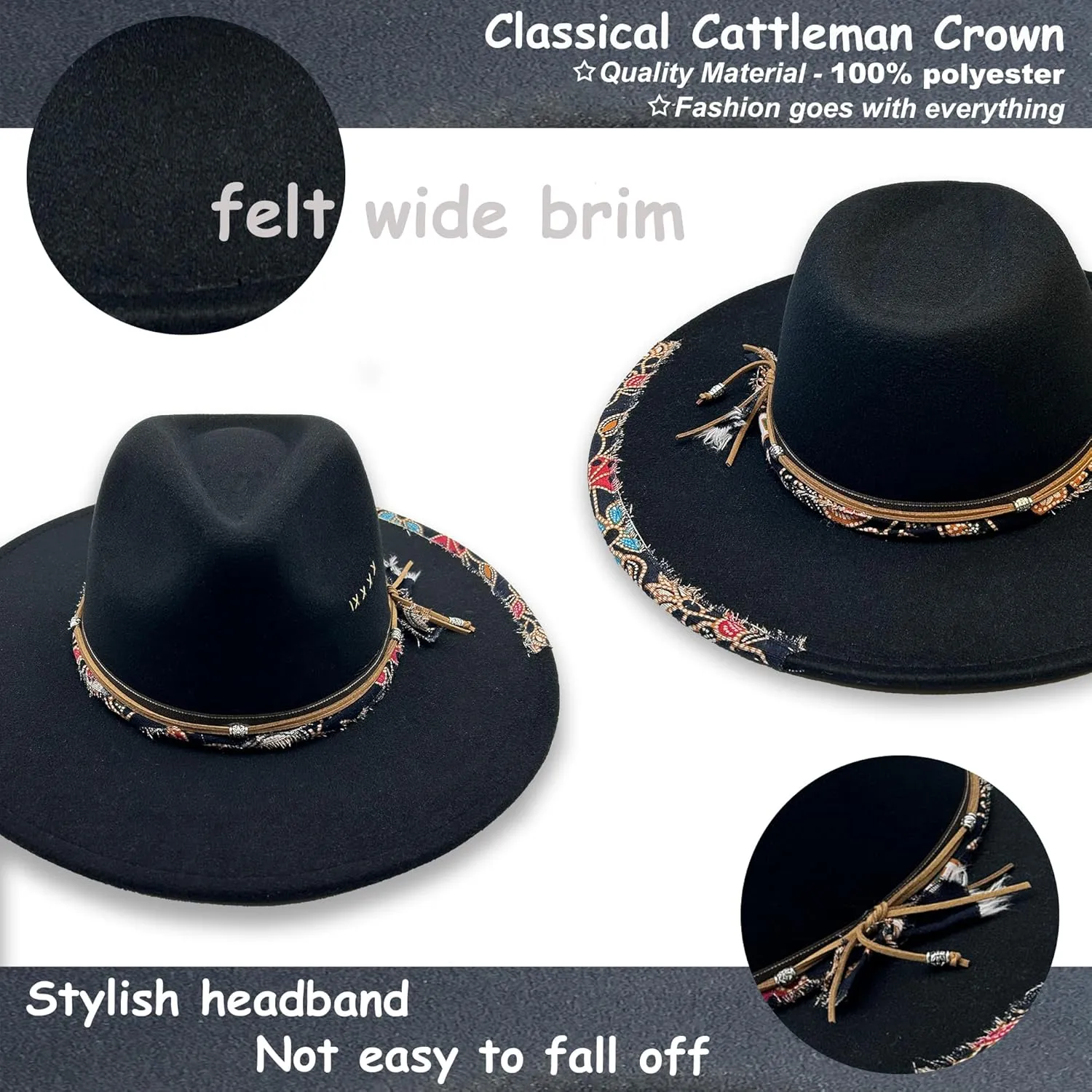 Big Wide Brim Fedora Hat for Women Man Felt Panama Hat with Band Western Outdoor hat