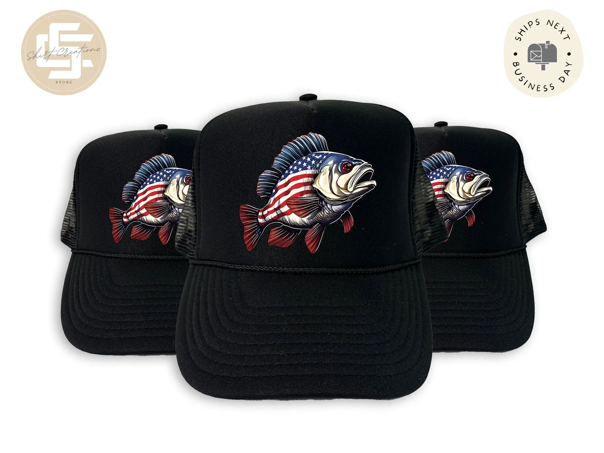 Foam Patriotic Fish Trucker Hat, Unisex Foam Trucker Hat, Trucker hats, Fishing Hat Gift