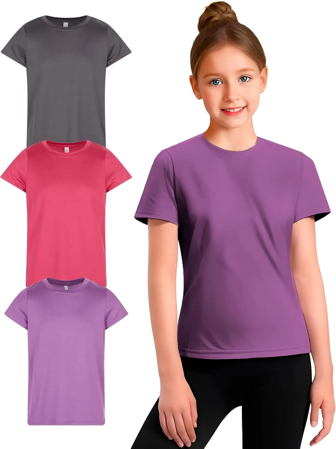 Girl's Athletic Shirts 3 Pack Crew Neck Short Sleeve Tees Summer Active Tops for Teen Girls Soccer & Sports Tshirts for Teens