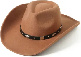 Lanzom Women Men Classic Felt Wide Brim Western Cowboy Cowgirl Hat with Belt Buckle