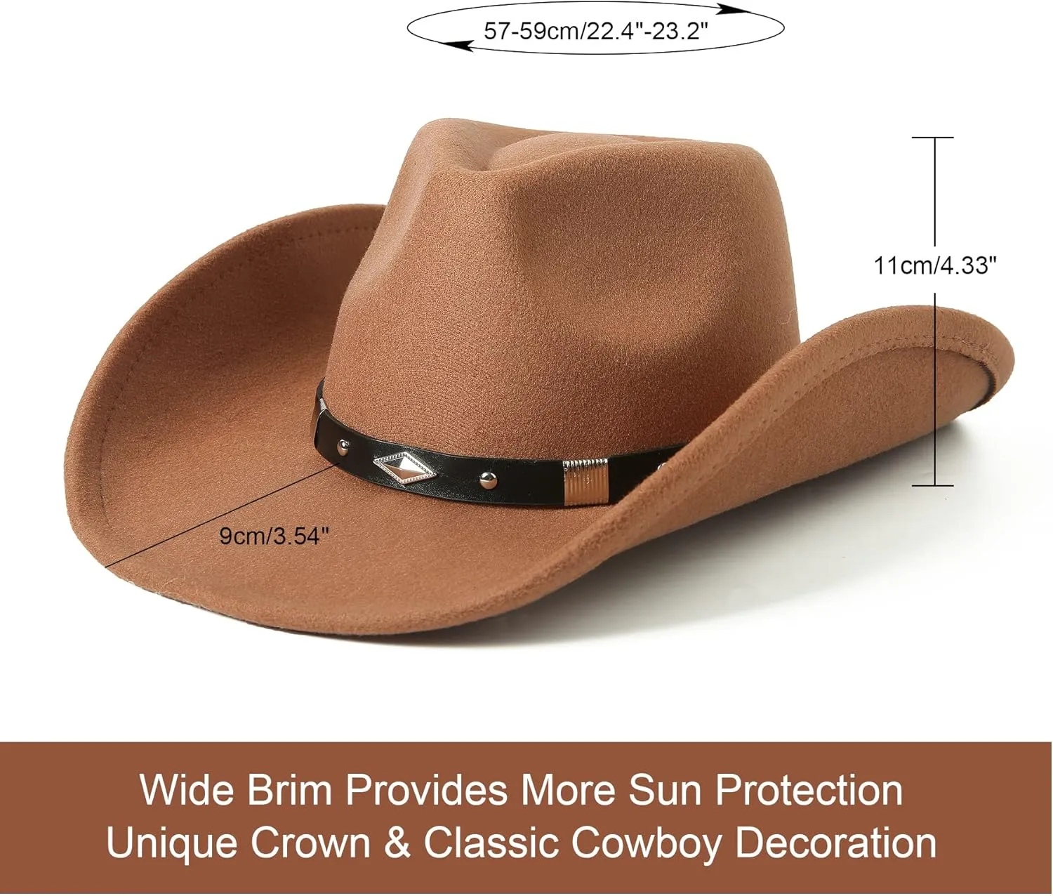 Lanzom Women Men Classic Felt Wide Brim Western Cowboy Cowgirl Hat with Belt Buckle