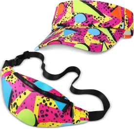 Mepase 2 Pcs 80s Outfit for Men Women 90s Fanny Pack Sun Visor Hat Waist Bag 90s Accessories for Men Women Summer Party