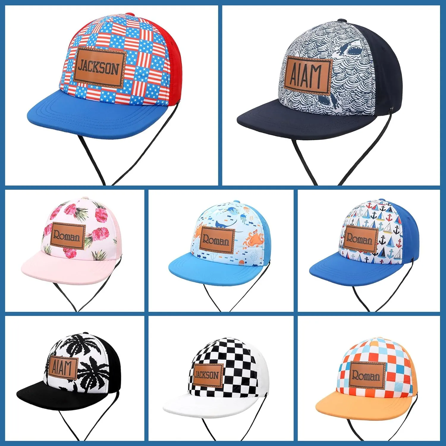 Personalized Baby Sun Hats, Leather Patch Toddler Baseball Cap, Adjustable Chin Strap Trucker Hat for Infant Boys Girls