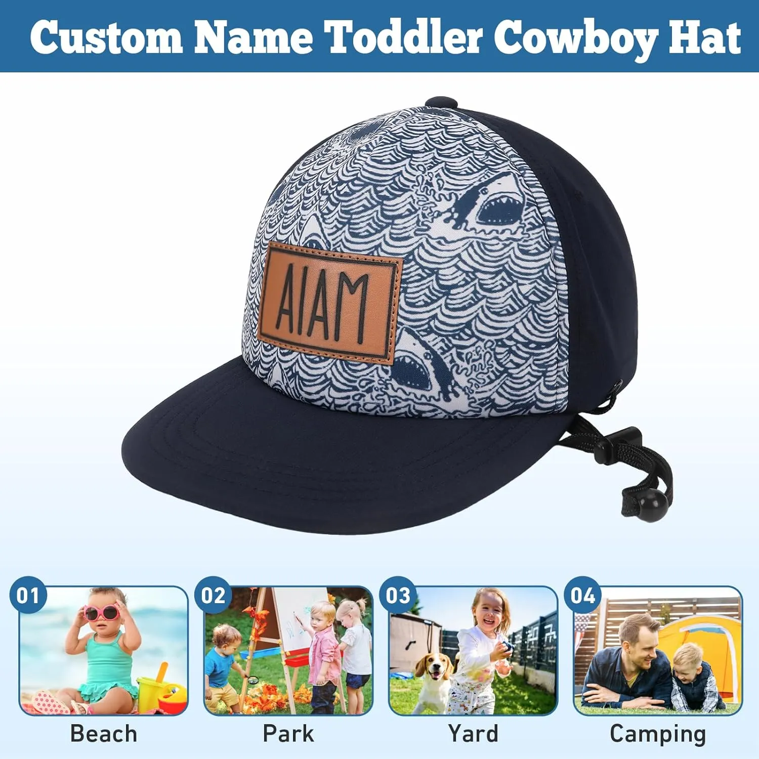 Personalized Baby Sun Hats, Leather Patch Toddler Baseball Cap, Adjustable Chin Strap Trucker Hat for Infant Boys Girls