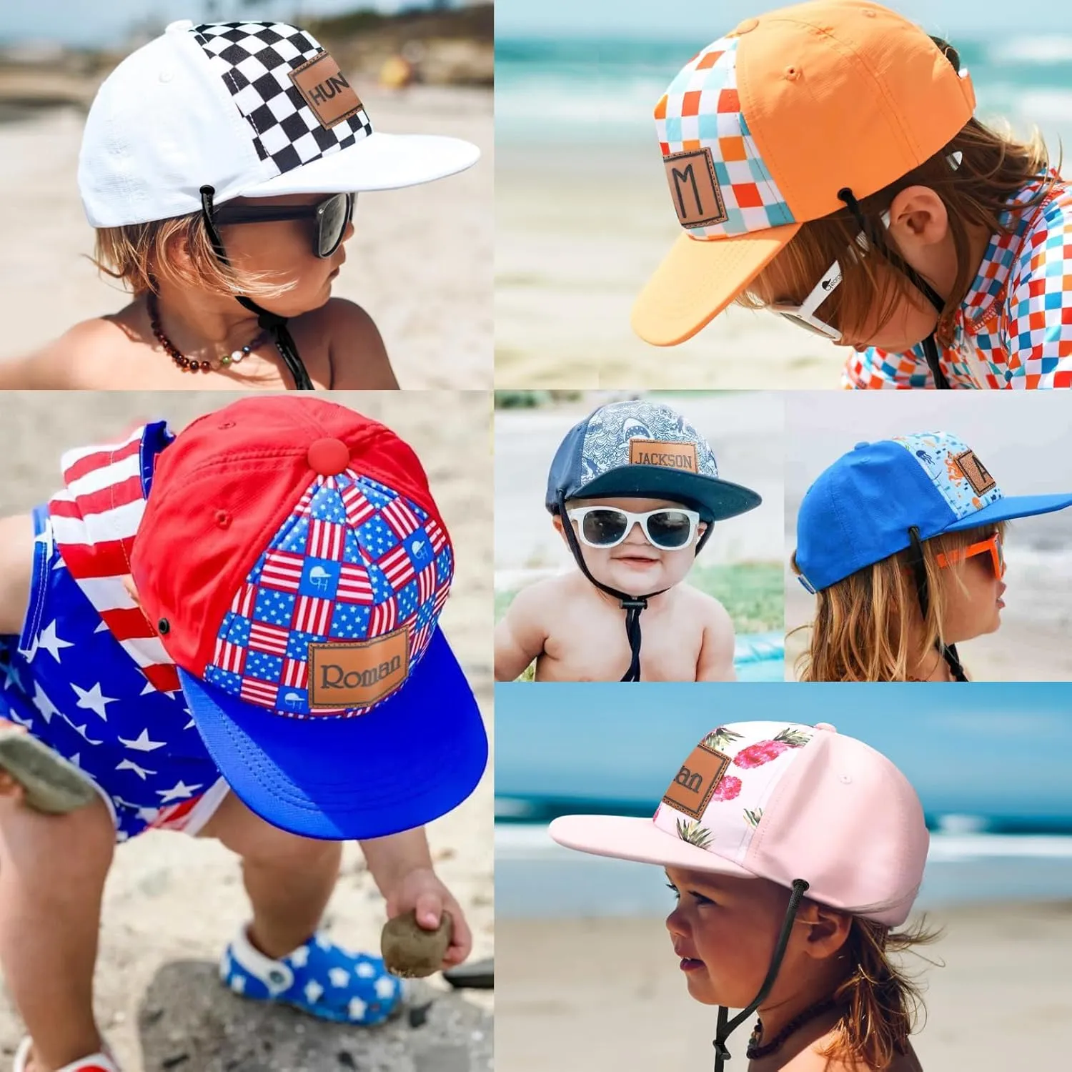 Personalized Baby Sun Hats, Leather Patch Toddler Baseball Cap, Adjustable Chin Strap Trucker Hat for Infant Boys Girls
