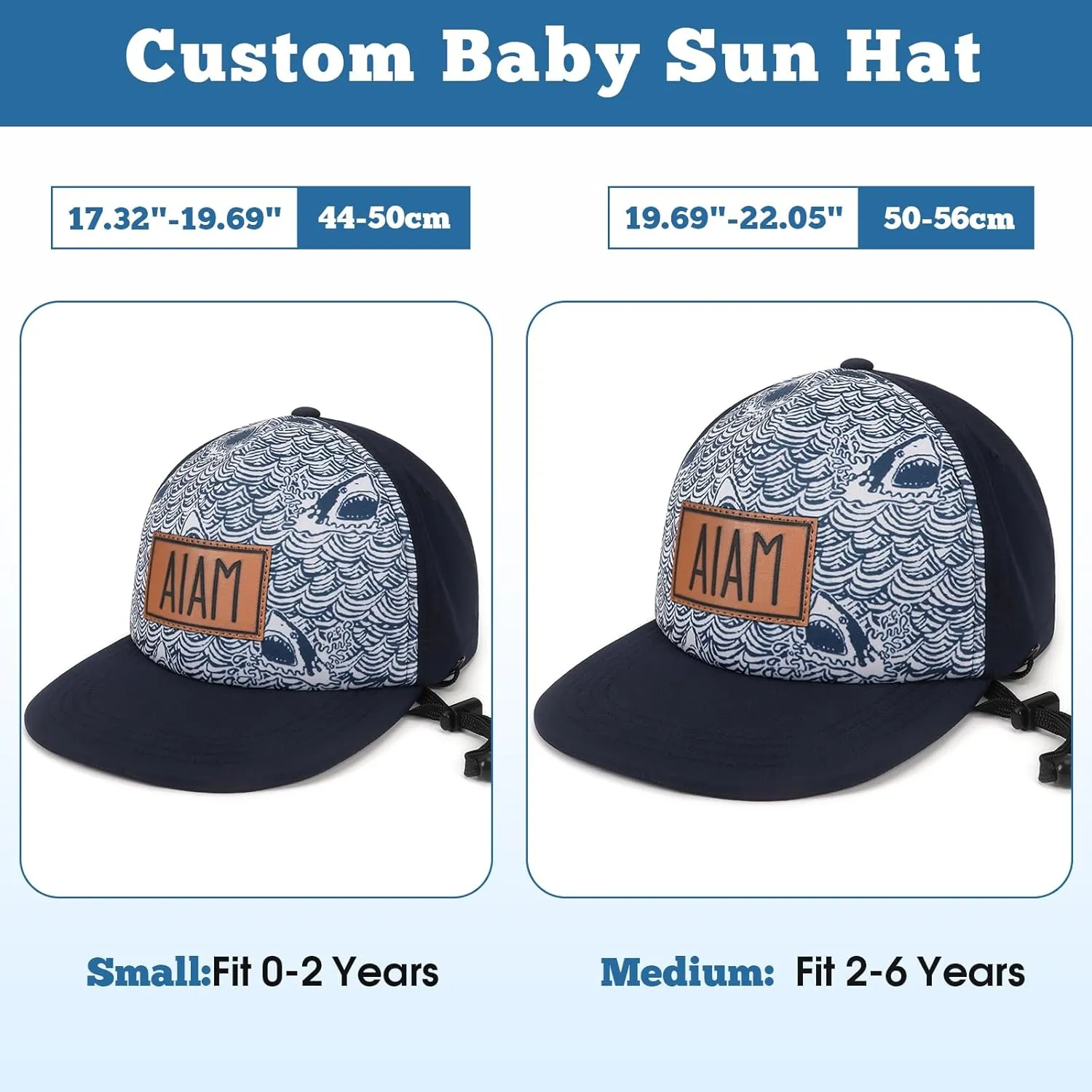 Personalized Baby Sun Hats, Leather Patch Toddler Baseball Cap, Adjustable Chin Strap Trucker Hat for Infant Boys Girls