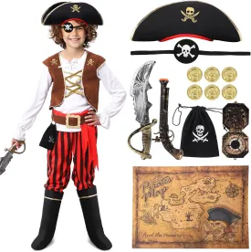 Pirate Costume Set for 3-14 Years Boys, Kids Pirate Costume Set for Toddler Halloween Dressup, Themed Party Red