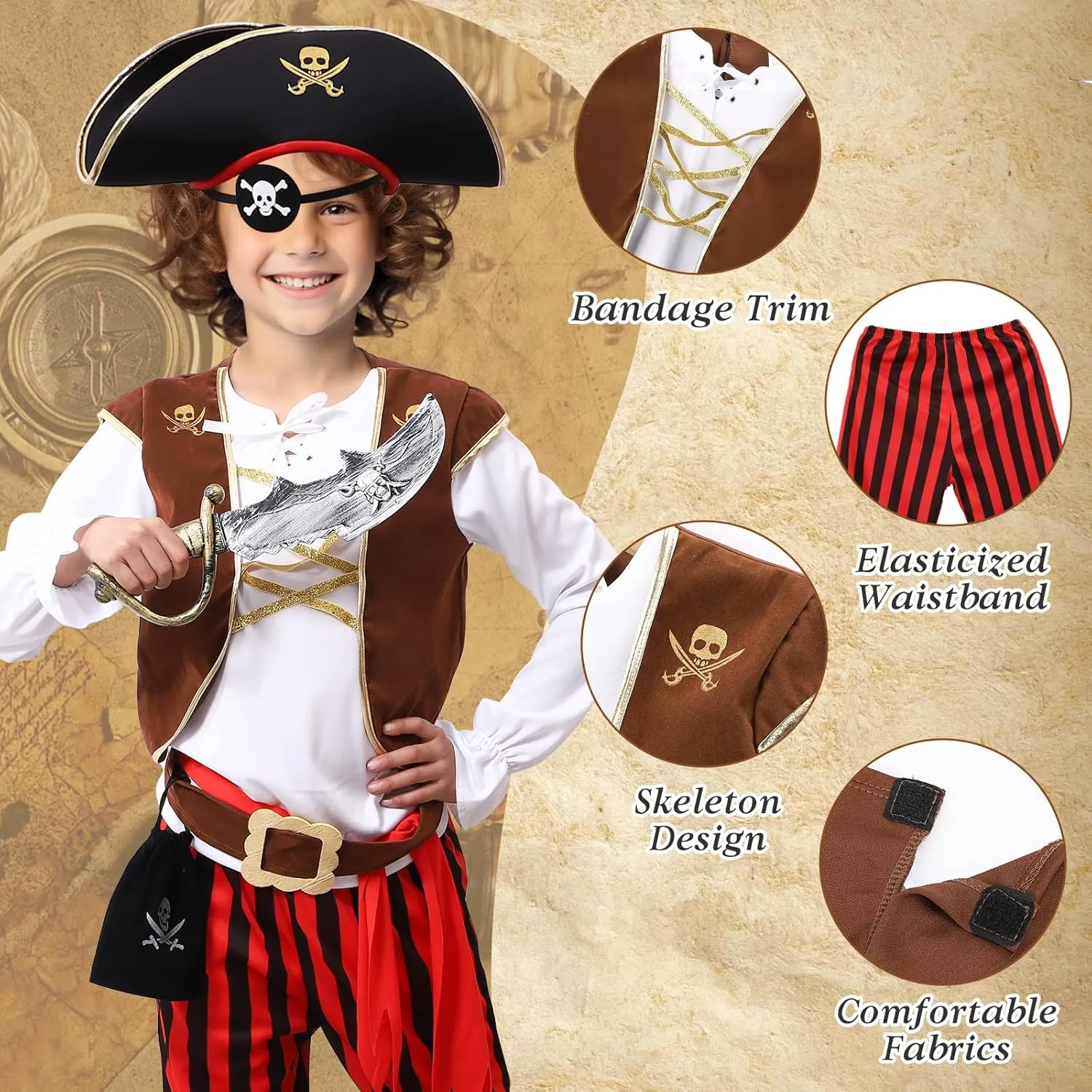 Pirate Costume Set for 3-14 Years Boys, Kids Pirate Costume Set for Toddler Halloween Dressup, Themed Party Red