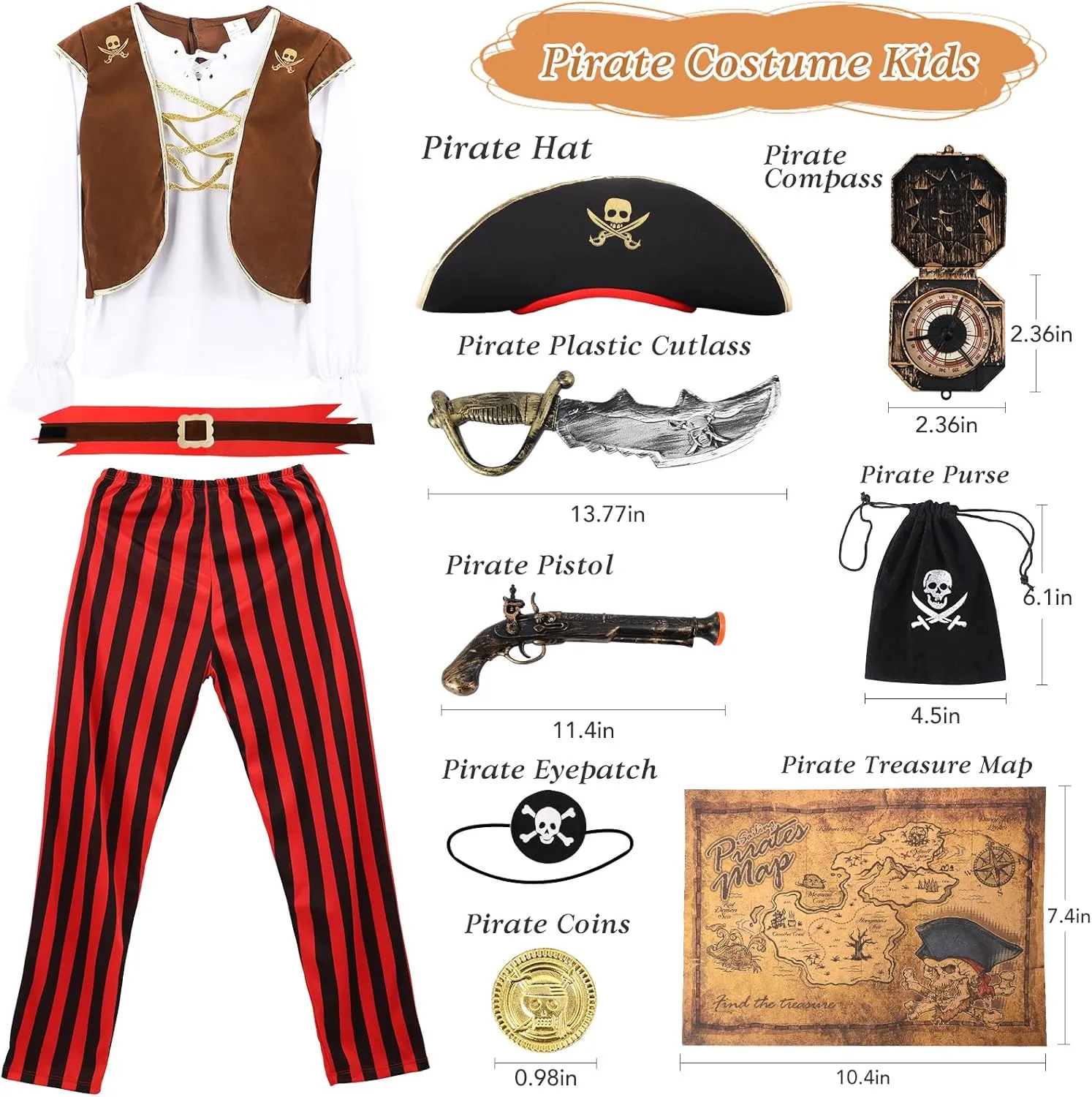 Pirate Costume Set for 3-14 Years Boys, Kids Pirate Costume Set for Toddler Halloween Dressup, Themed Party Red