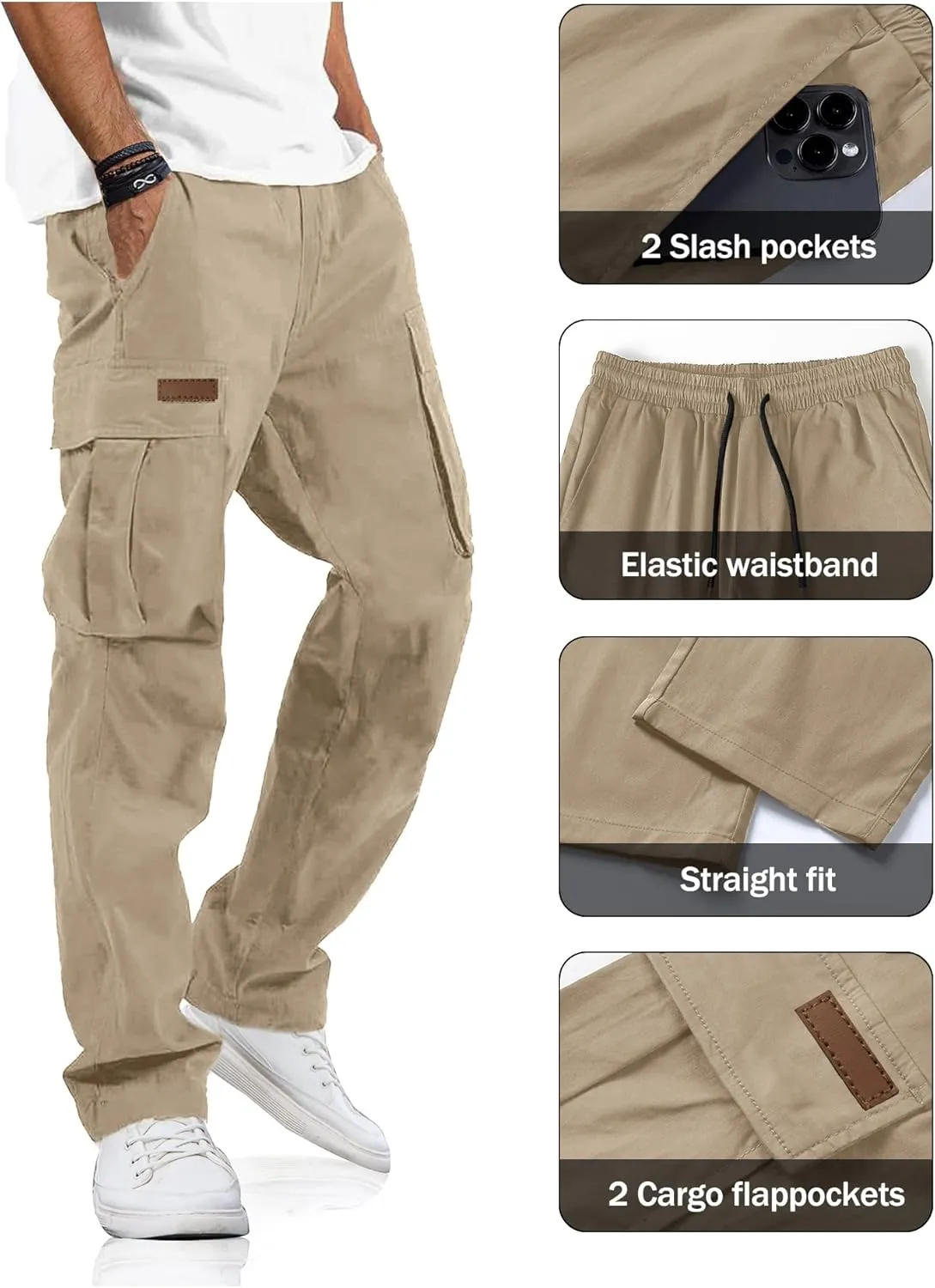PLEPAN Men's Casual Cargo Pants Drawstring Hiking Pants Workout Tactical Joggers Sweatpants for Men