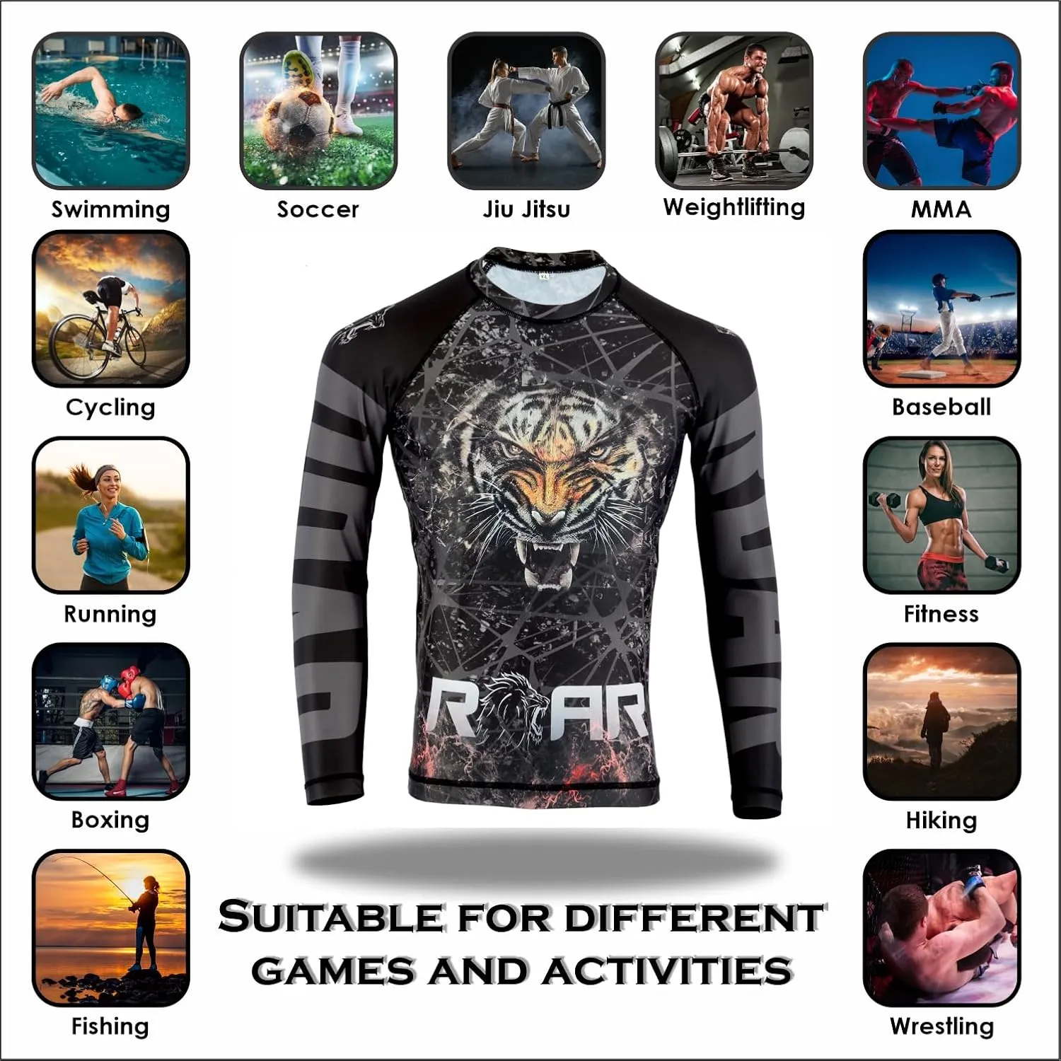 ROAR-INT Rash Guards Swim Shirt, UPF 50  Hiking, Fishing, MMA, Yoga, Athletic, Compression Shirt, Rash Guard for Men