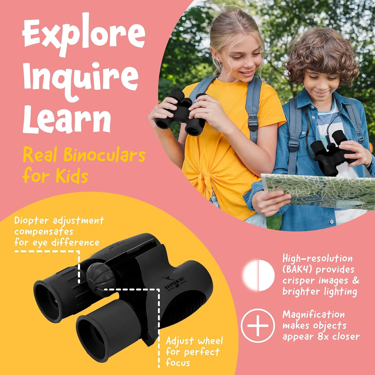 Think Peak Black Binoculars Science Toy for Kids Ages 4-8 Years - Real Compact Outdoor Adventure & STEM Educational Nature Hiking Explorer for Bird Watching, Camping Childrens Birthday Gift