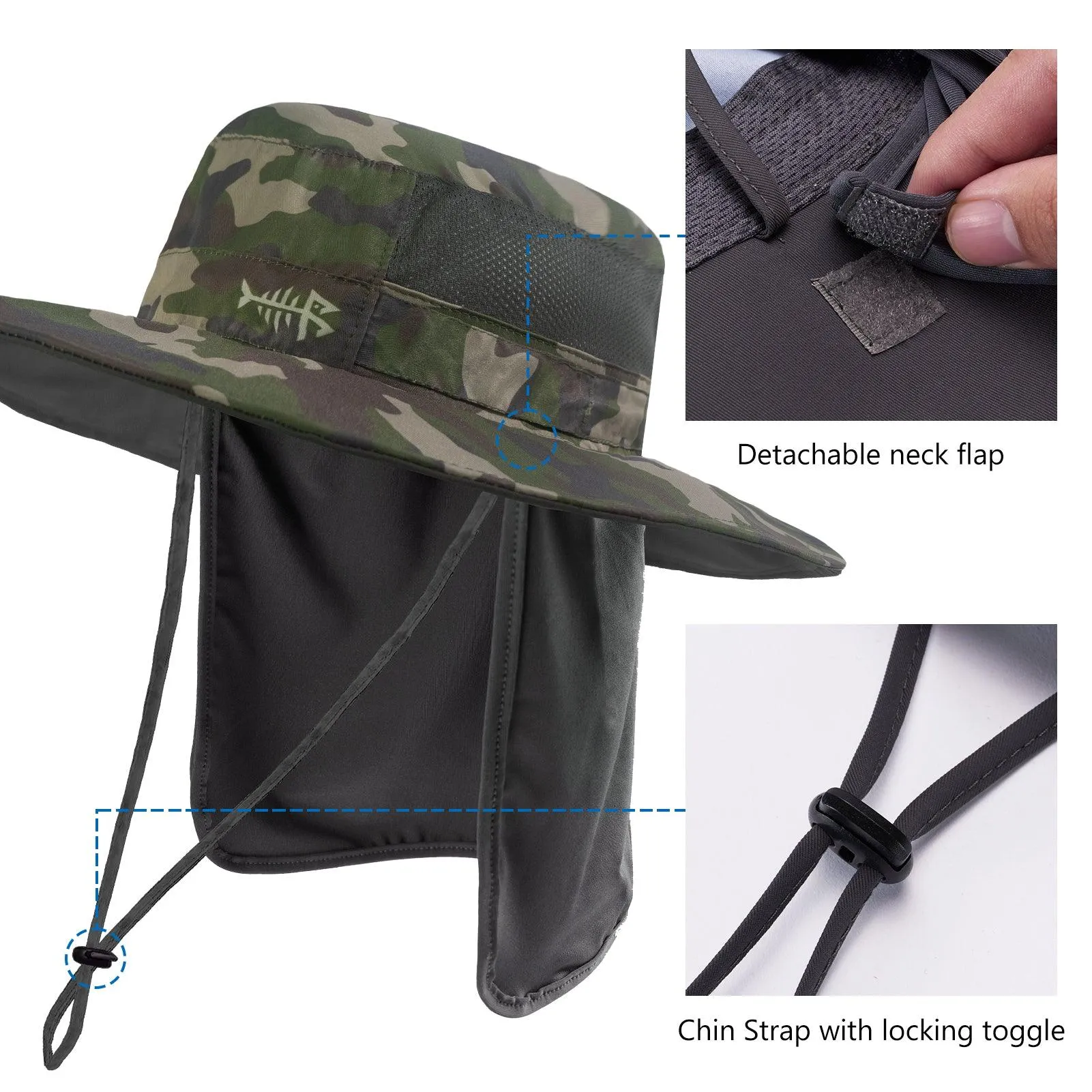 Unisex UPF 50  Wide Brim Bucket Hat with Detachable Neck Flap FH02