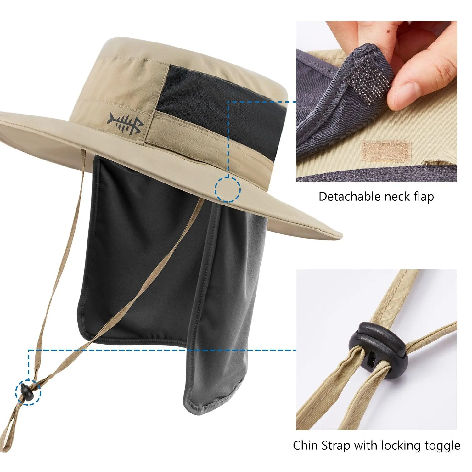 Unisex UPF 50  Wide Brim Bucket Hat with Detachable Neck Flap FH02