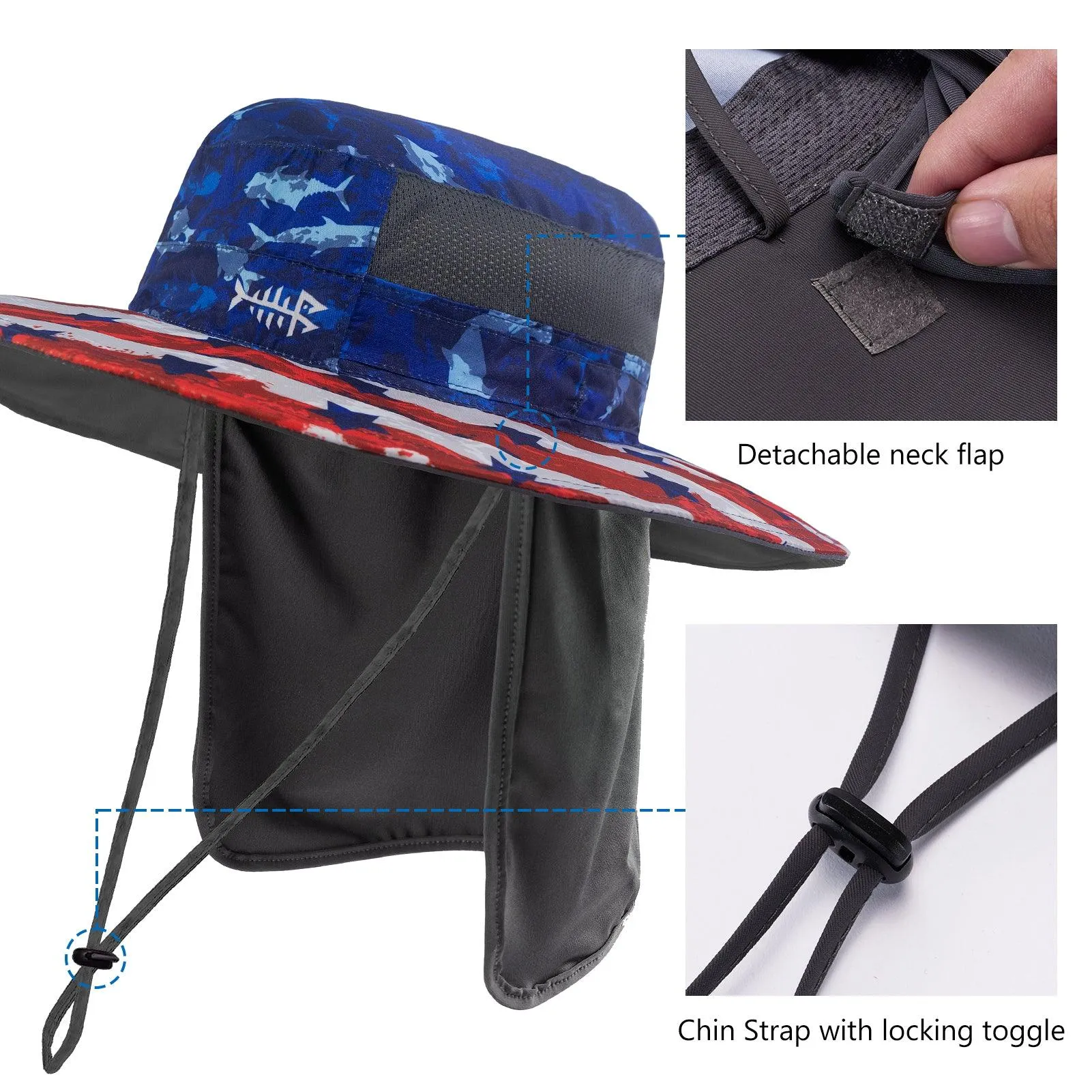 Unisex UPF 50  Wide Brim Bucket Hat with Detachable Neck Flap FH02