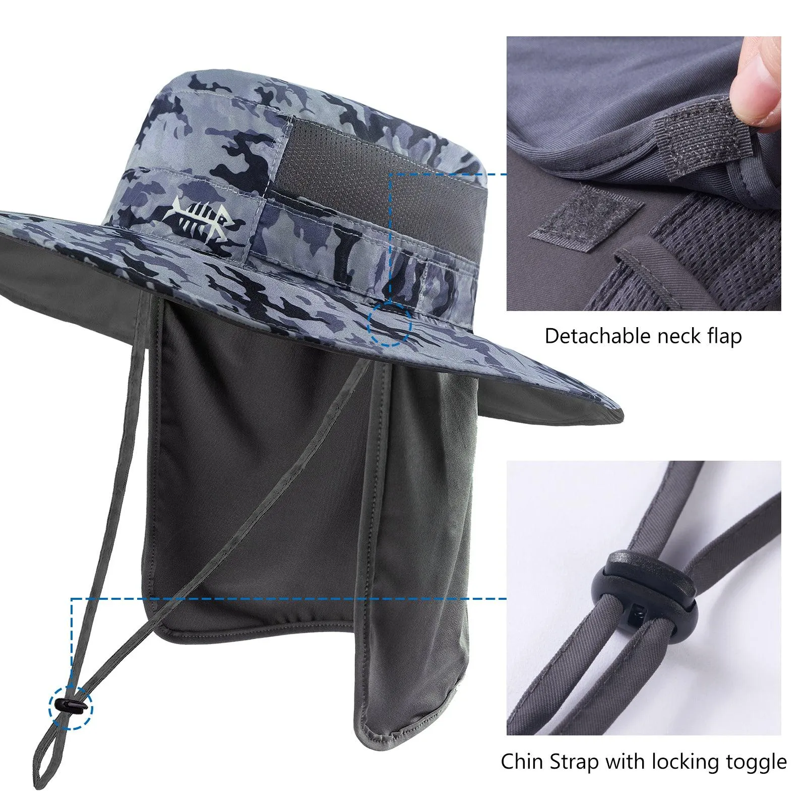 Unisex UPF 50  Wide Brim Bucket Hat with Detachable Neck Flap FH02