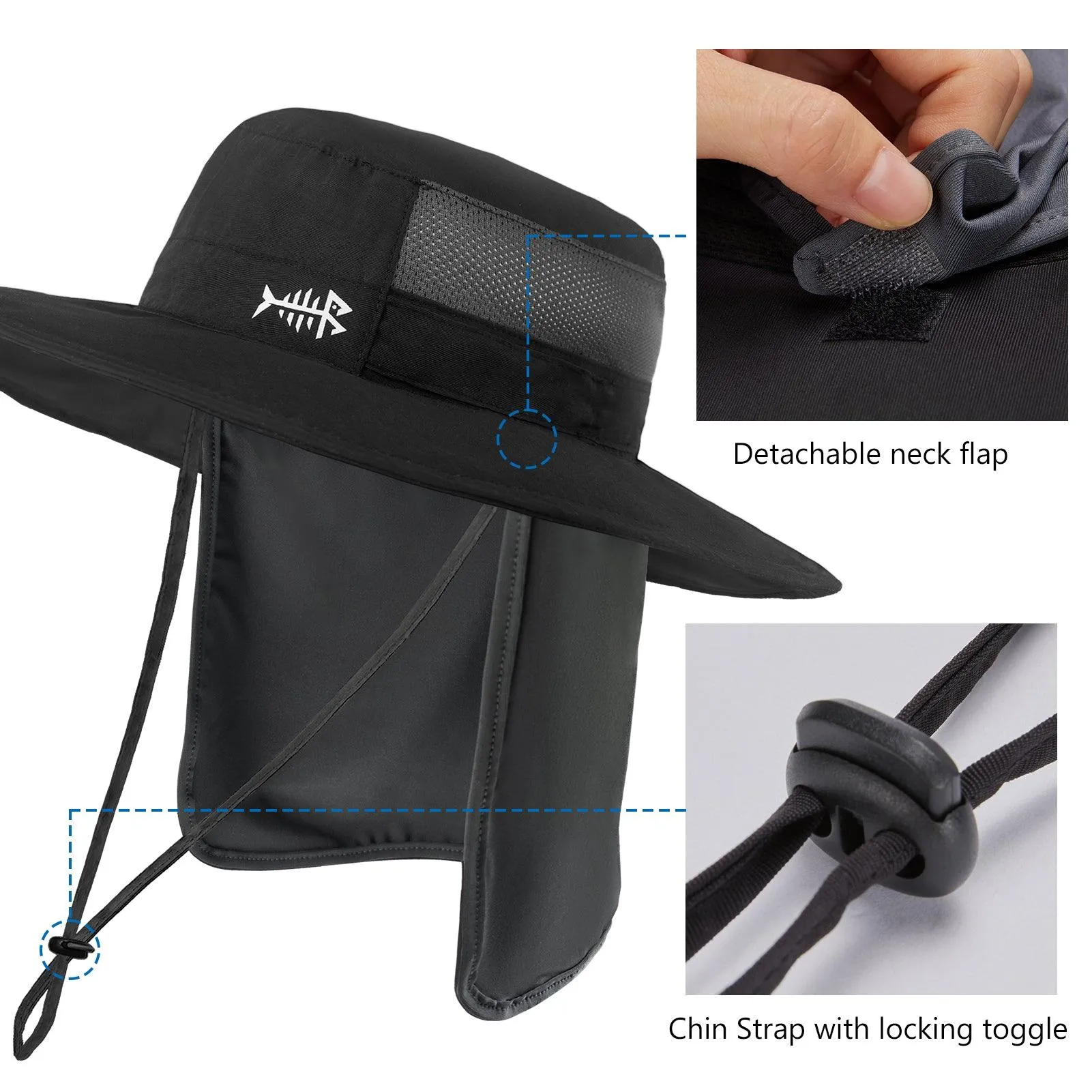 Unisex UPF 50  Wide Brim Bucket Hat with Detachable Neck Flap FH02