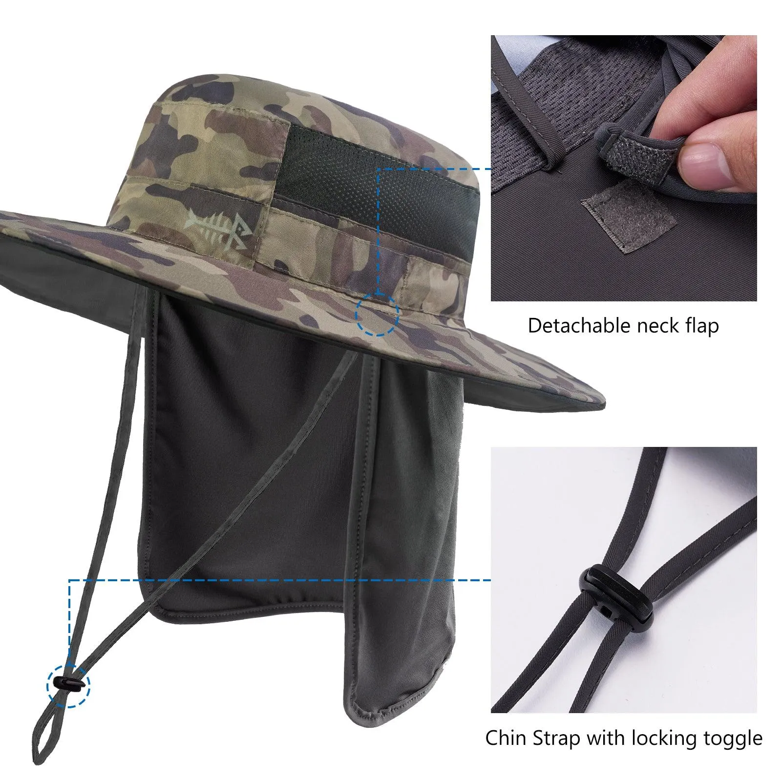 Unisex UPF 50  Wide Brim Bucket Hat with Detachable Neck Flap FH02