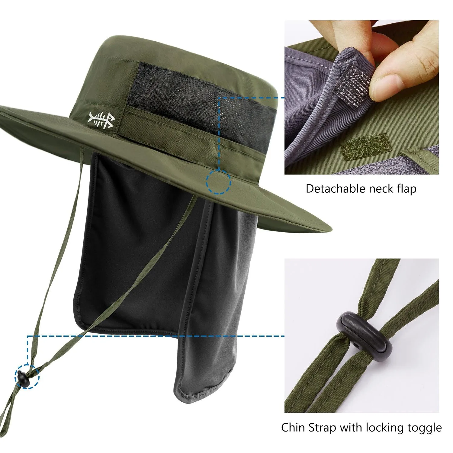 Unisex UPF 50  Wide Brim Bucket Hat with Detachable Neck Flap FH02