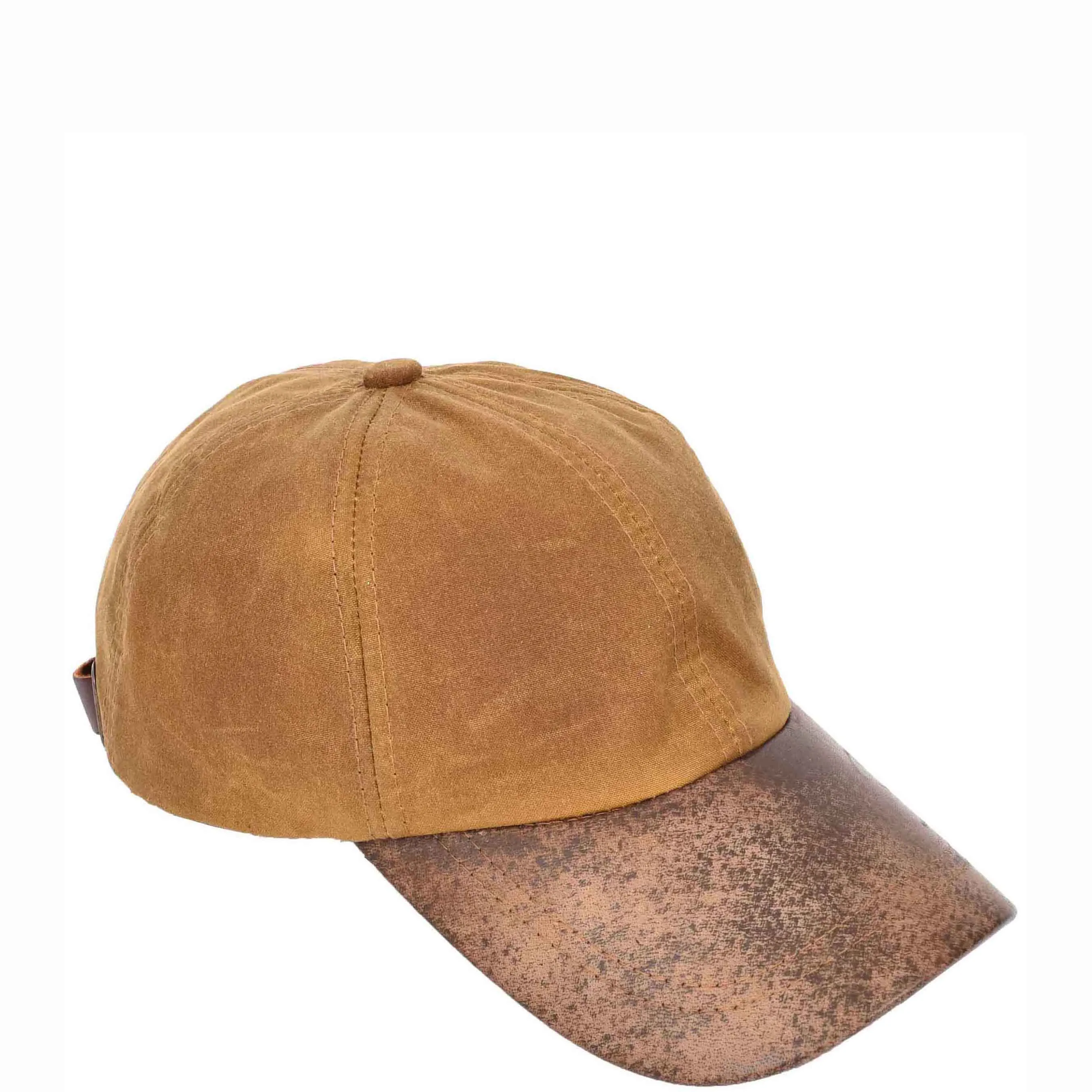 Waterproof Cotton Baseball Cap with Genuine Leather Peak and Adjustable Strap A19 Tan Antique