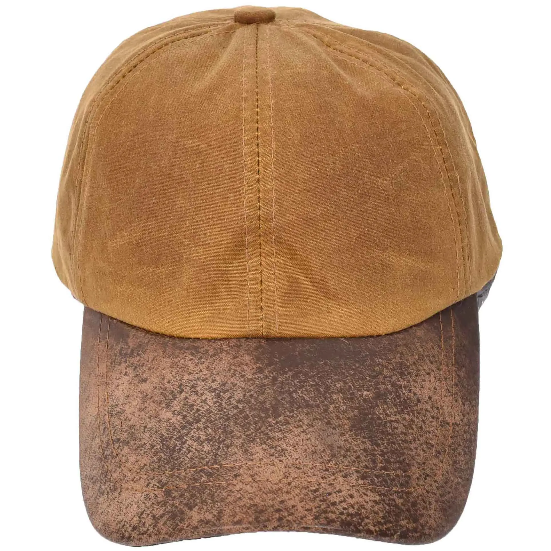 Waterproof Cotton Baseball Cap with Genuine Leather Peak and Adjustable Strap A19 Tan Antique