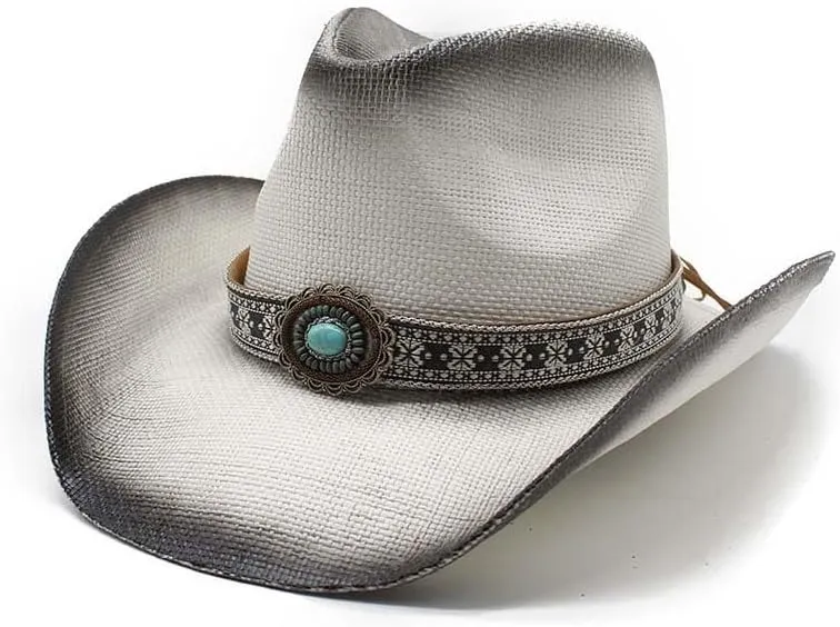 Western Straw Cowboy Hat for Women Men Wide Brim Summer Sun Hat Classic Cowgirl Hat with Belt Buckle for Travel