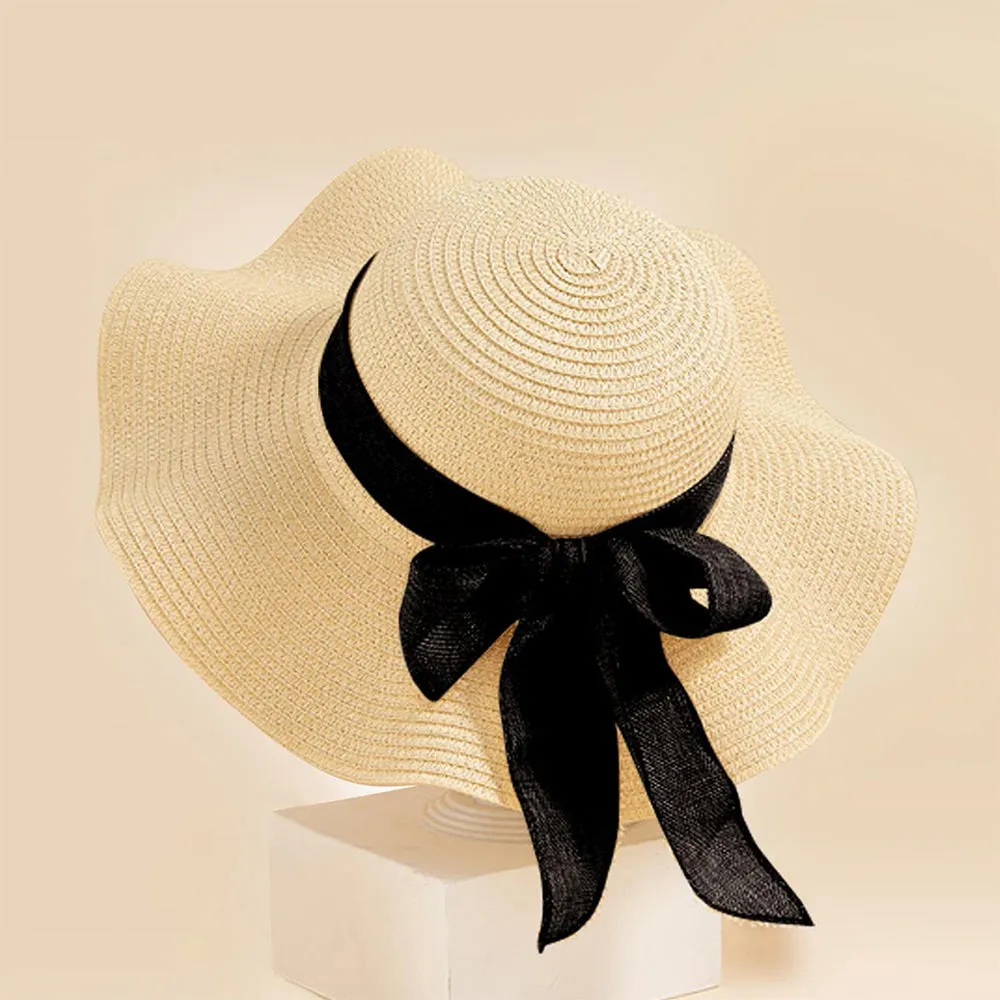 Women Straw Hat Beach Wide Brim Bow-Knot Floppy Folding Sun Hat