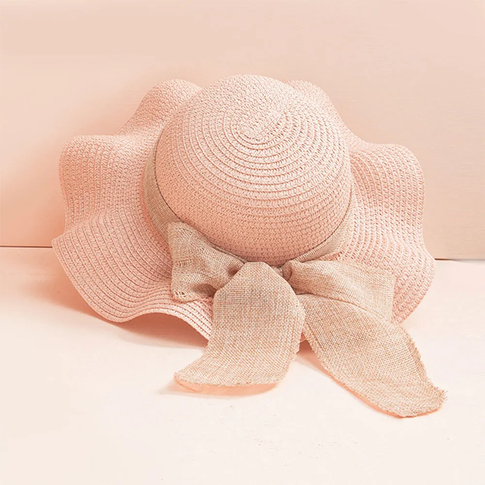 Women Straw Hat Beach Wide Brim Bow-Knot Floppy Folding Sun Hat
